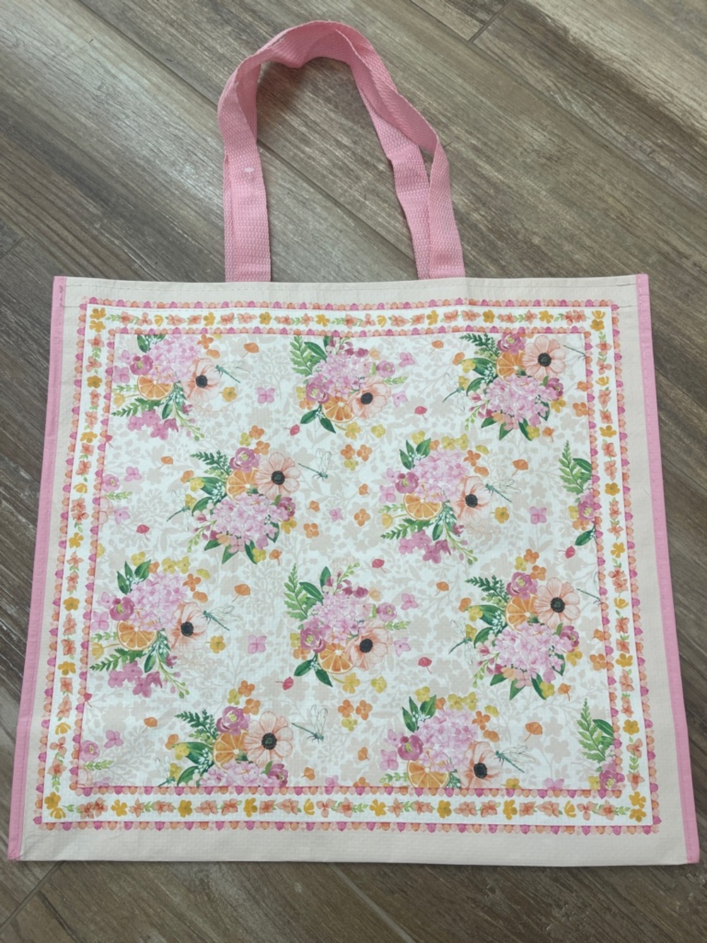 TJ Maxx Viral Pink Floral🌸 w/Dragonfly & Oranges🍊 Print Reusable Tote Bag~ NEW